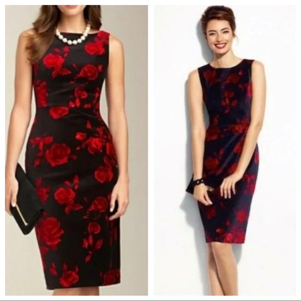Sleeveless Black Dress with Red Floral Print